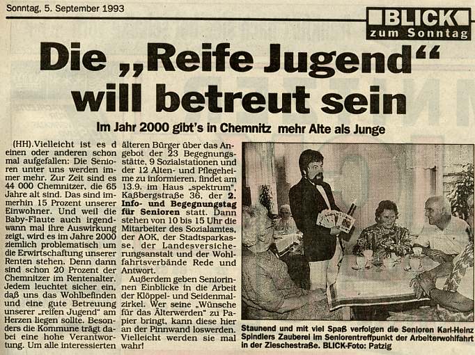 Artikel aus: Blick zum Sonntag Chemnitz, 05.09.1993 ./zauber-presse/Zauberei-Seniorentreff.jpg